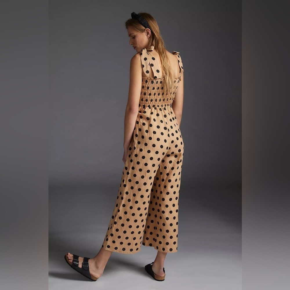 Faithful the Brand x Anthropolgie Emelda Smocked Jumpsuit in Tan/Black Polka Dot - Picture 4 of 10